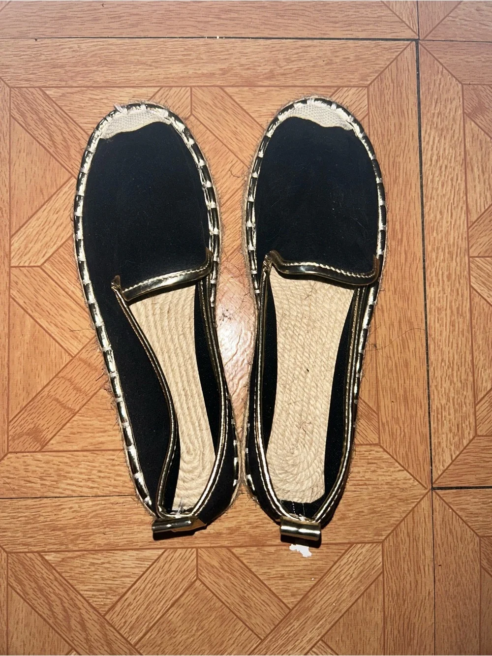 Black Espadrille Flats with Gold Trim - Women